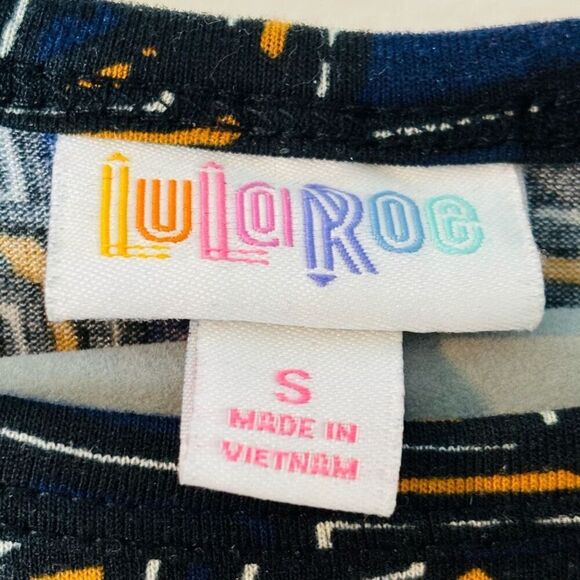 LuLaRoe S Carly Swing Dress Navy & Gold Geometric Print with Breast Pocket - Picture 9 of 10